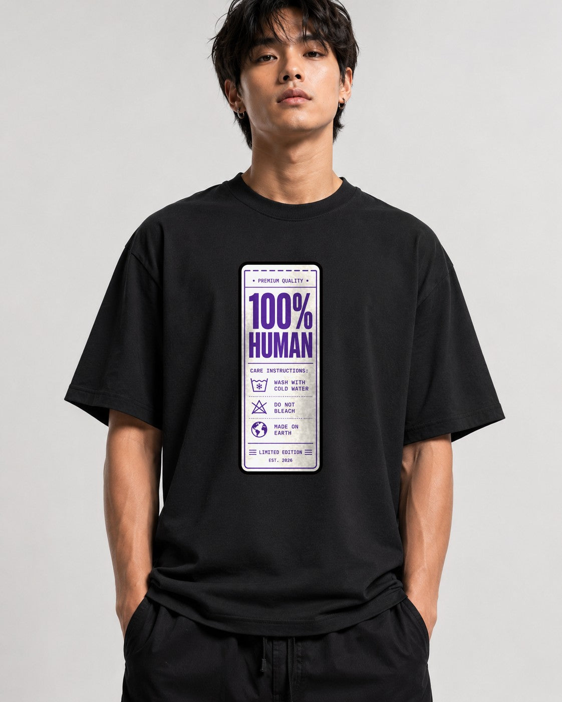 100% Human Label Tee - Funny Care Instructions Graphic Shirt - Black