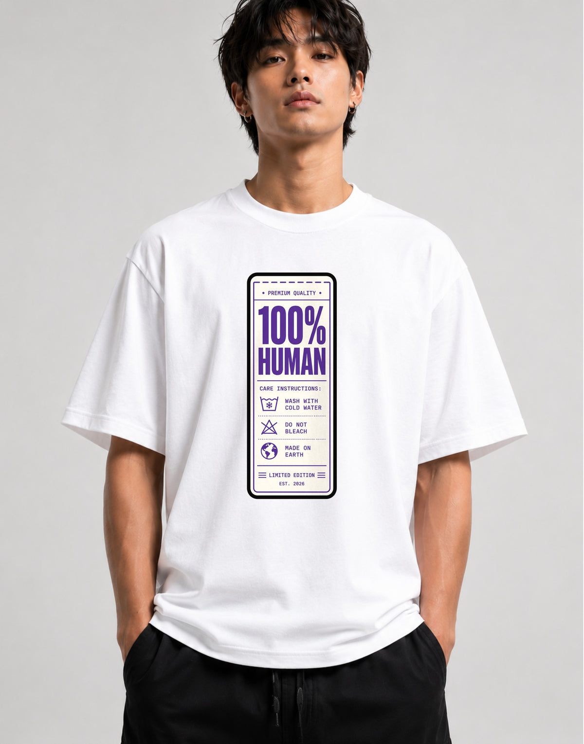 100% Human Label Tee - Funny Care Instructions Graphic Shirt - White