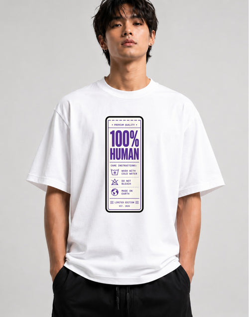 100% Human Label Tee - Funny Care Instructions Graphic Shirt - White