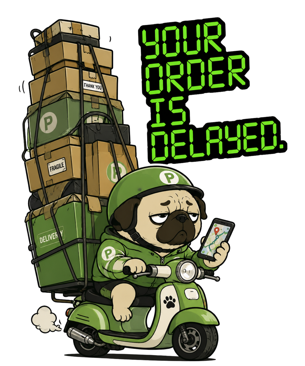 Your Order Is Delayed Funny Delivery Driver Pug Scooter Dog Humor