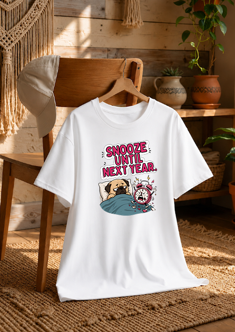 Snooze Until Next Year Funny Pug Alarm Clock Morning Sleepy Dog Humor