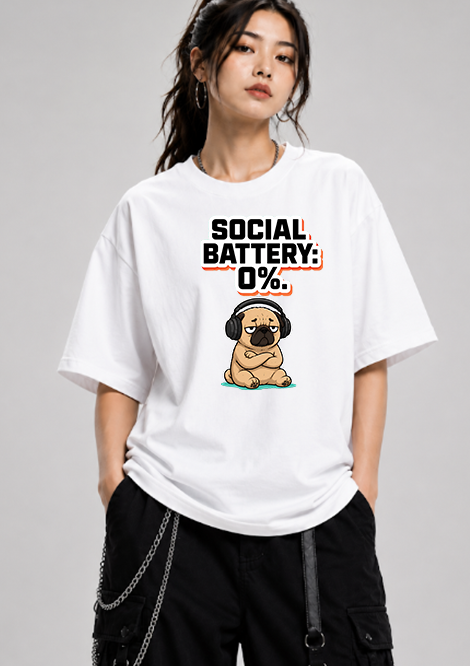 Social Battery 0% Funny Introvert Pug Dog Headphones Sarcastic Humor