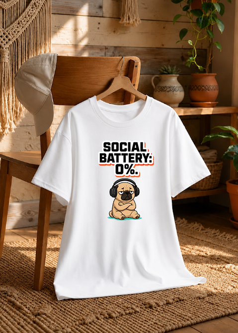 Social Battery 0% Funny Introvert Pug Dog Headphones Sarcastic Humor