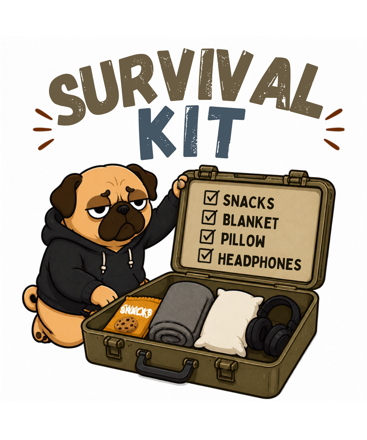 Survival Kit Introvert Lazy Pug Funny Dog Meme Streetwear