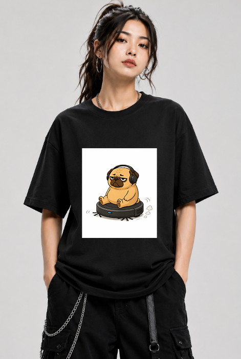 Lazy Pug Riding Vacuum Robot Headphone Funny Dog Meme