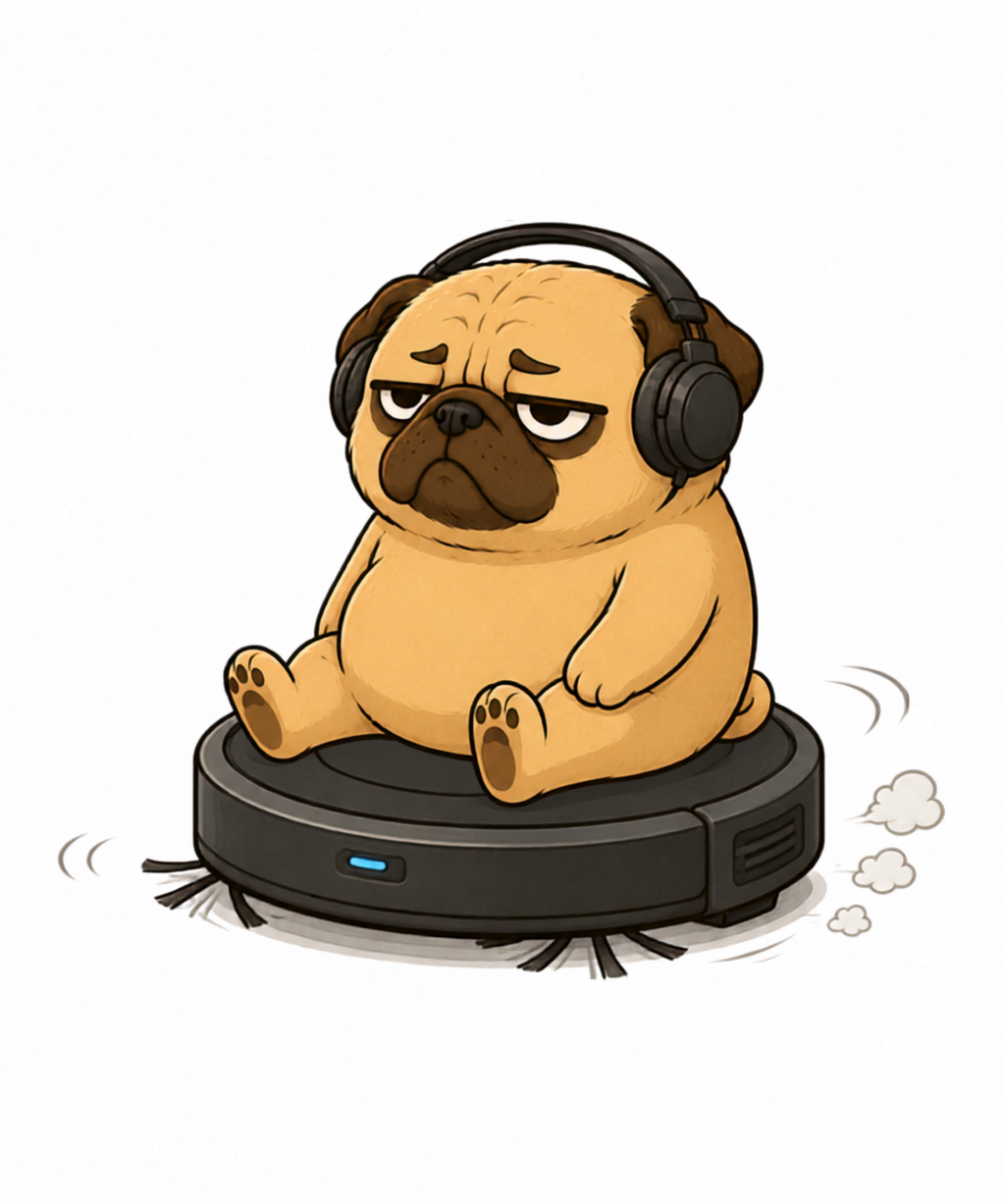 Lazy Pug Riding Vacuum Robot Headphone Funny Dog Meme