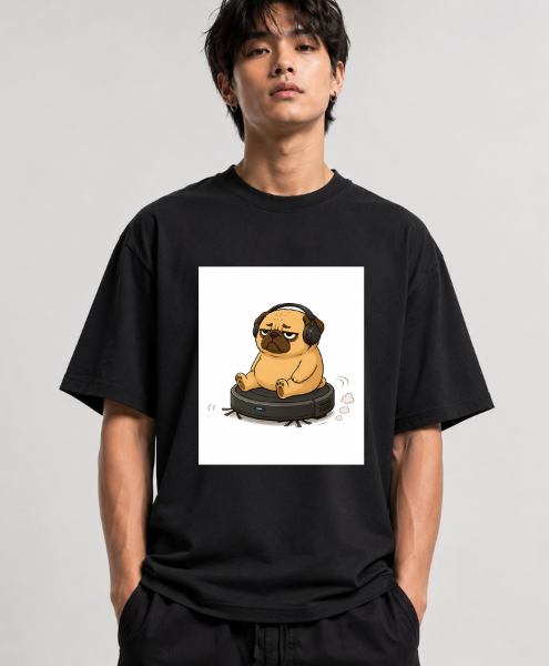 Lazy Pug Riding Vacuum Robot Headphone Funny Dog Meme