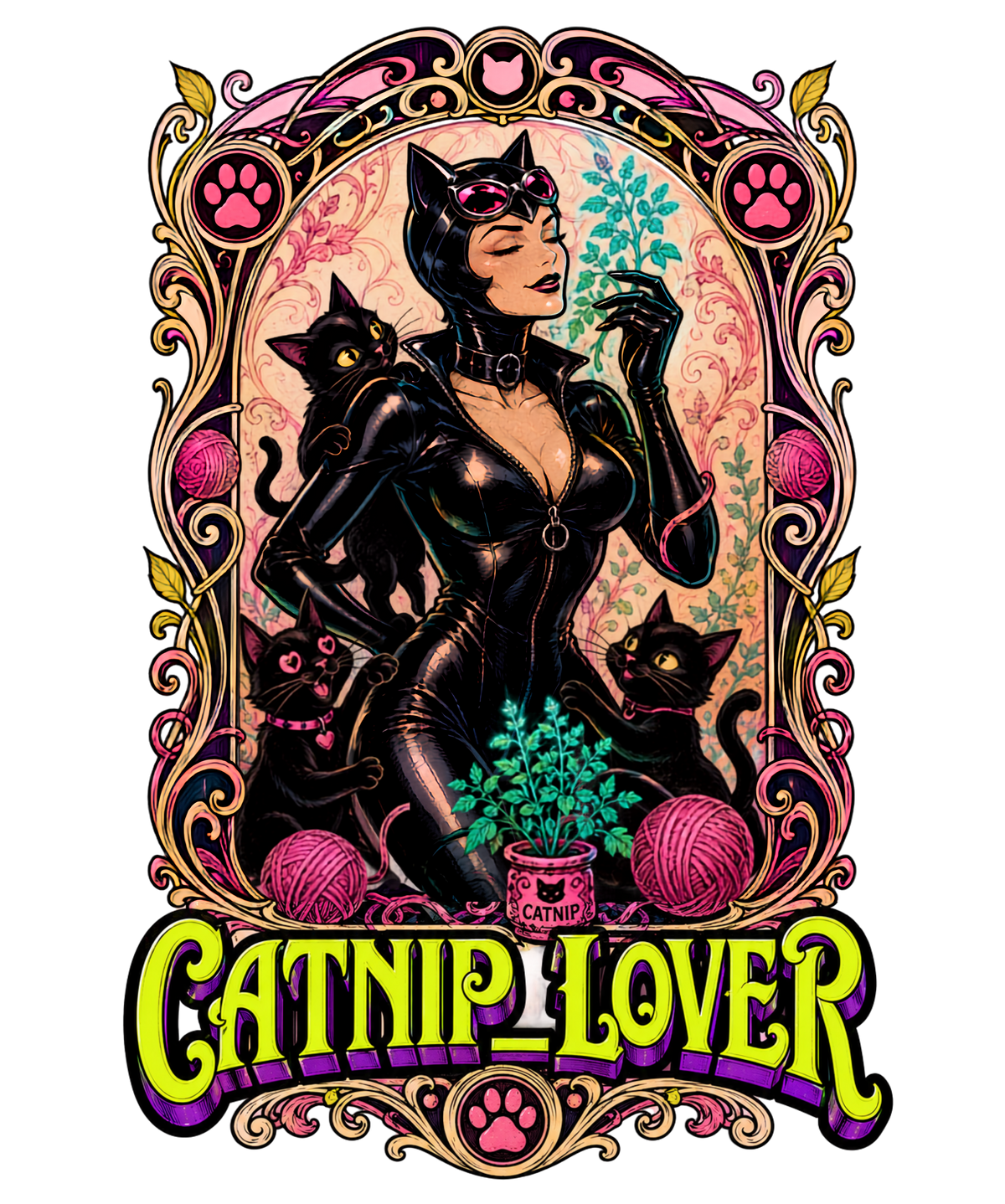 Catnip Lover Vintage Art Nouveau Catwoman Cats