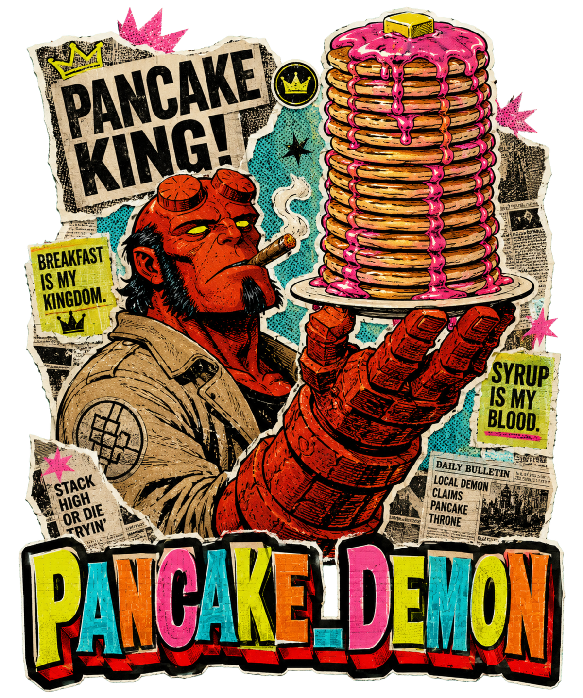 Hellboy Pancake King Demon Breakfast Retro Comic