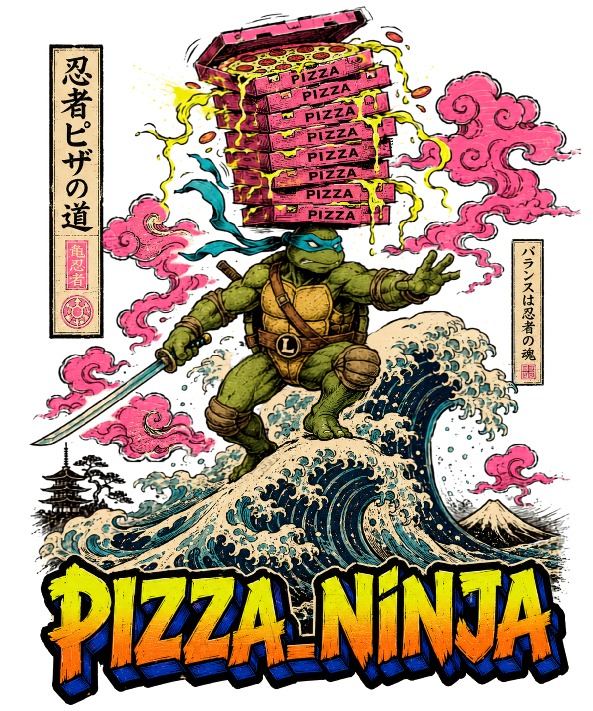 Pizza Ninja Leonardo Surfing Great Wave Japanese Ukiyo-e