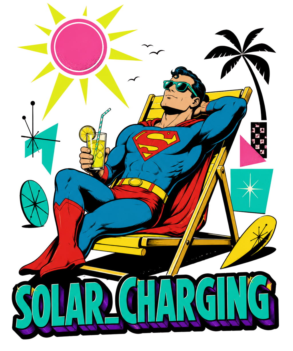 Solar Charging Superman Sunbathing Retro Mid-Century Comic