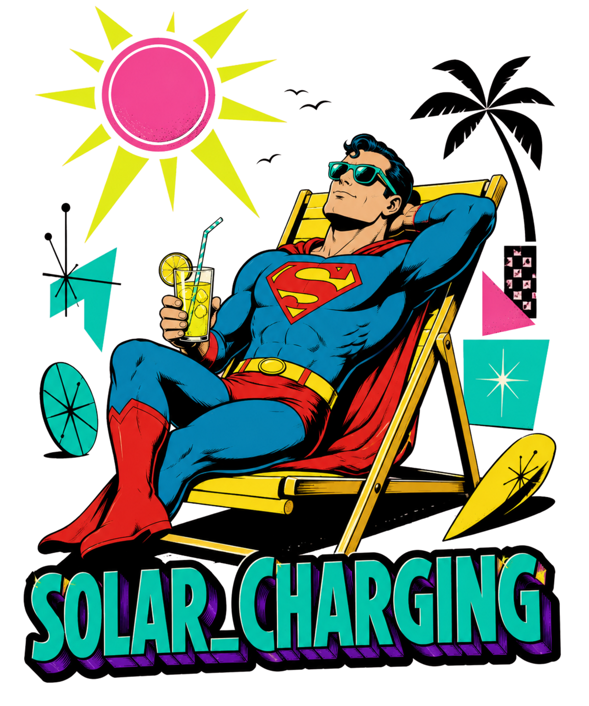 Solar Charging Superman Sunbathing Retro Mid-Century Comic