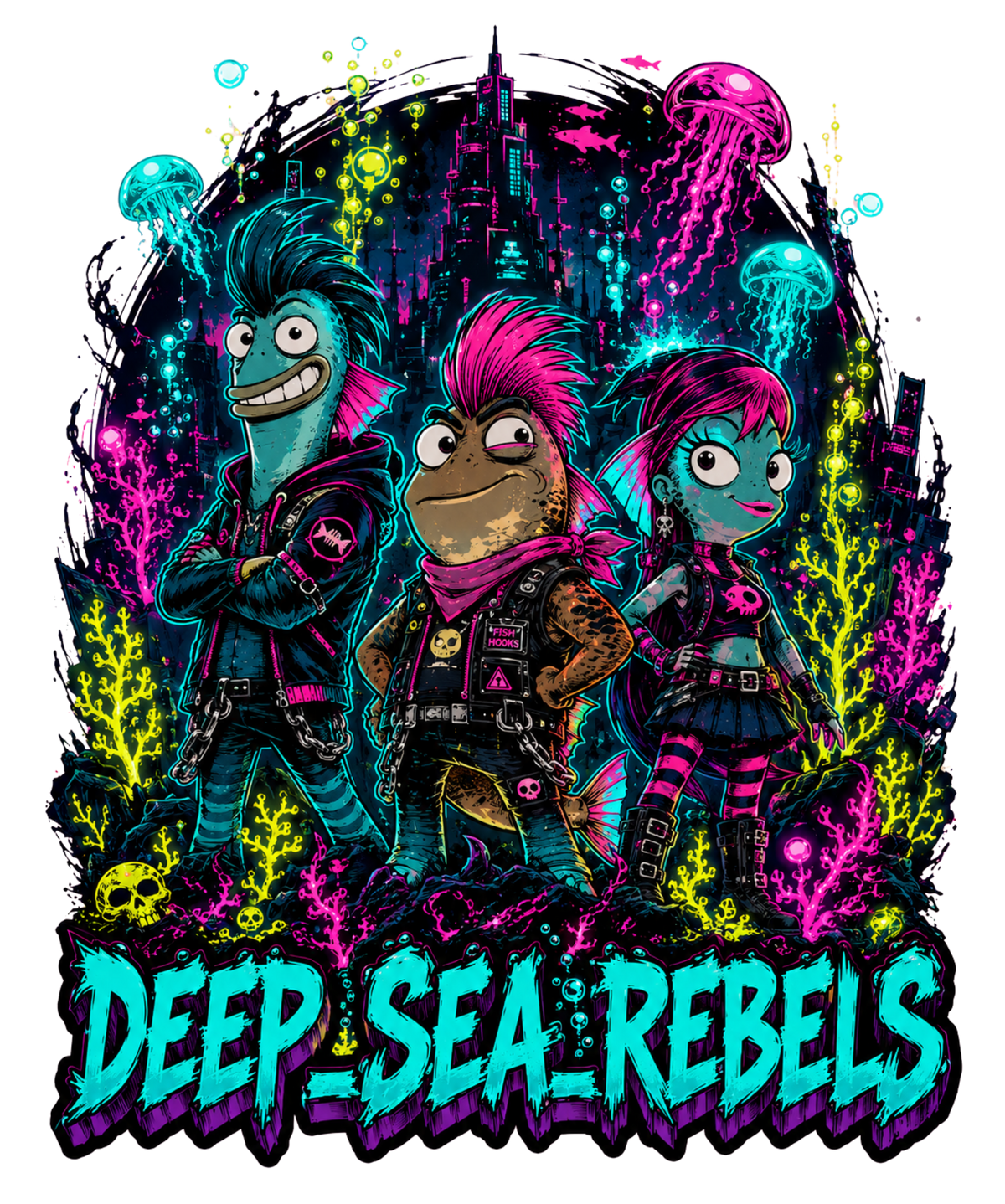 Deep Sea Rebels Fish Hooks Punk Rock Neon Underwater