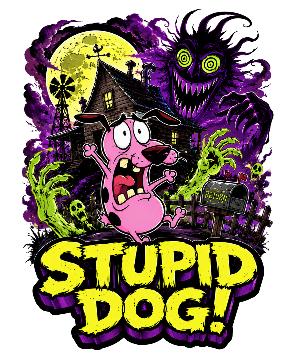 Stupid Dog Nowhere Farmhouse Horror Pink Dog Retro Cartoon