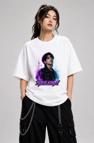 Golden Cyberpunk K-Pop Idol Leather Jacket GraphicGolden Cyberpunk K-Pop Idol Leather Jacket Graphic