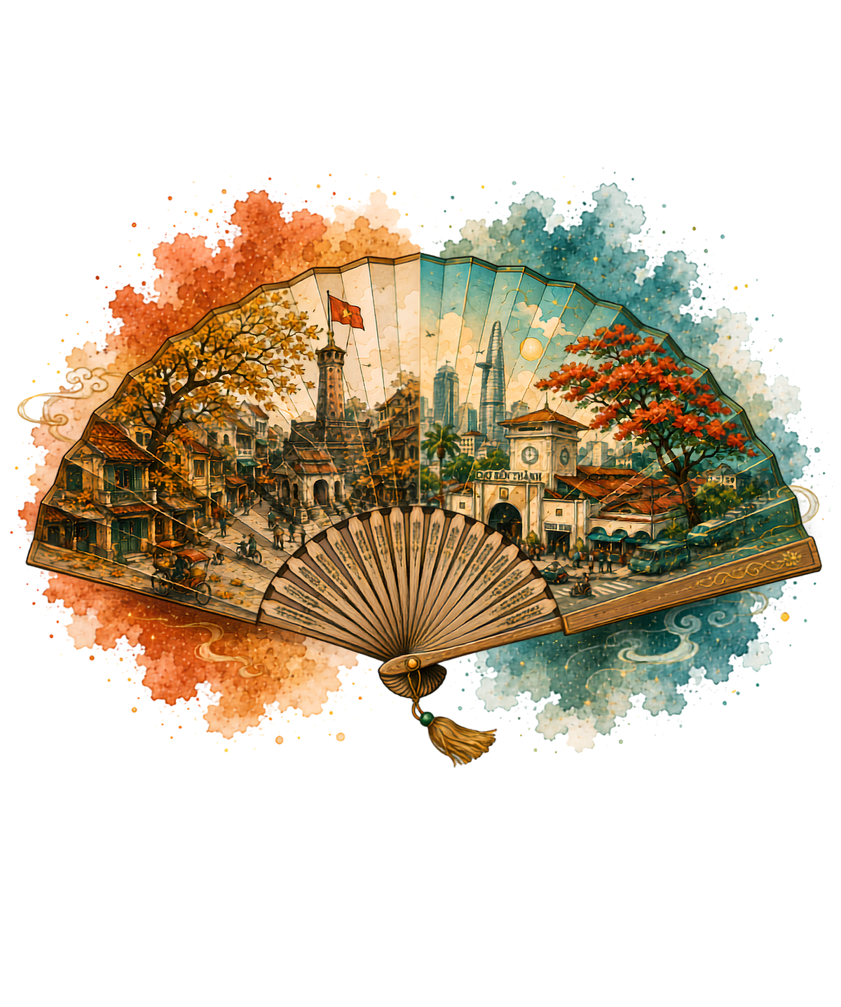 Vintage Folding Fan Hanoi Saigon Landmark Watercolor