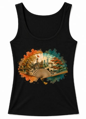 Vintage Folding Fan Hanoi Saigon Landmark Watercolor