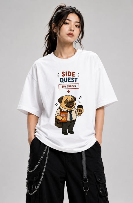Side Quest Buy Snacks Funny Happy Pug Gamer Office Humor