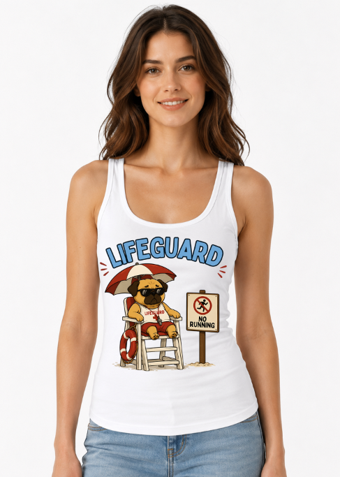 Lifeguard No Running Funny Grumpy Pug Dog Beach Summer Humor