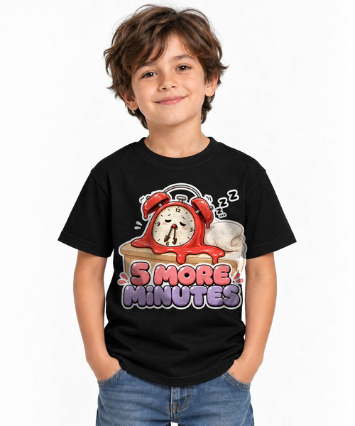 5 More Minutes - Cute Melting Alarm Clock Sleepy Morning Graphic T-Shirt - Black