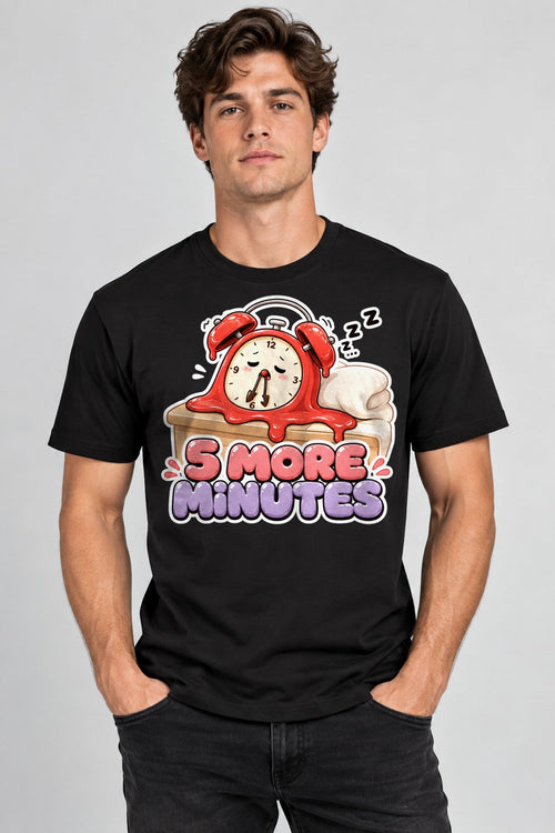 5 More Minutes - Cute Melting Alarm Clock Sleepy Morning Graphic T-Shirt - Black