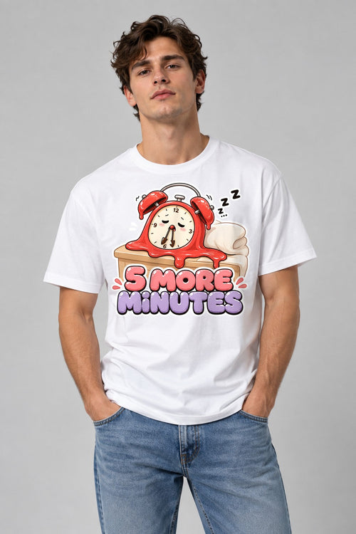 5 More Minutes - Cute Melting Alarm Clock Sleepy Morning Graphic T-Shirt - White