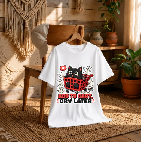 Add To Cart Cry Later - Funny Black Cat Shopping Spree Graphic T-Shirt