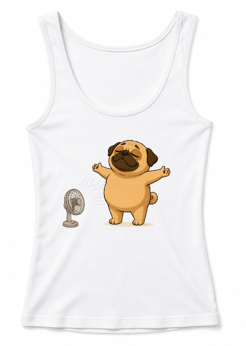 Chubby Pug Dog Cooling Down Electric Fan Summer Heat Humor