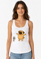 Chubby Pug Dog Cooling Down Electric Fan Summer Heat Humor
