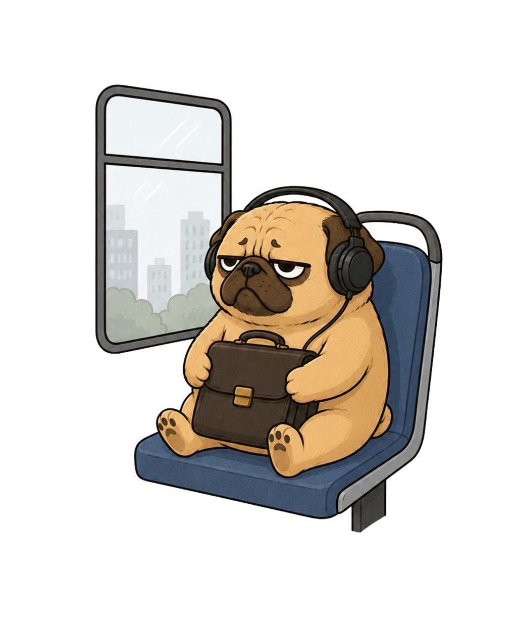 Tired Pug Commute On Subway Bus Funny Work Office Humor
