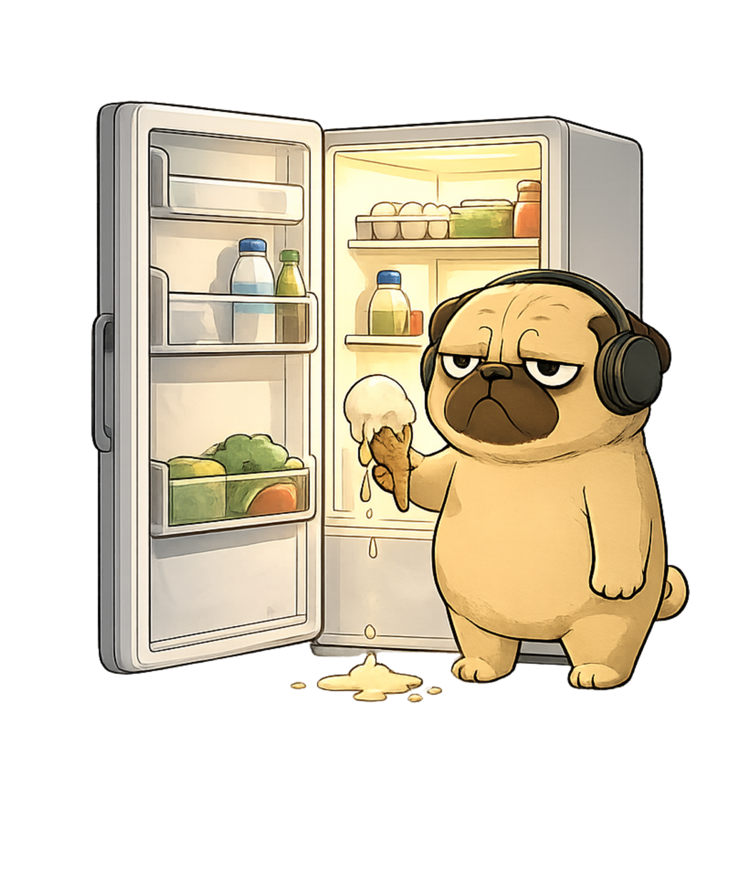 Late Night Snack Pug Dog Refrigerator Melting Ice Cream Funny Humor