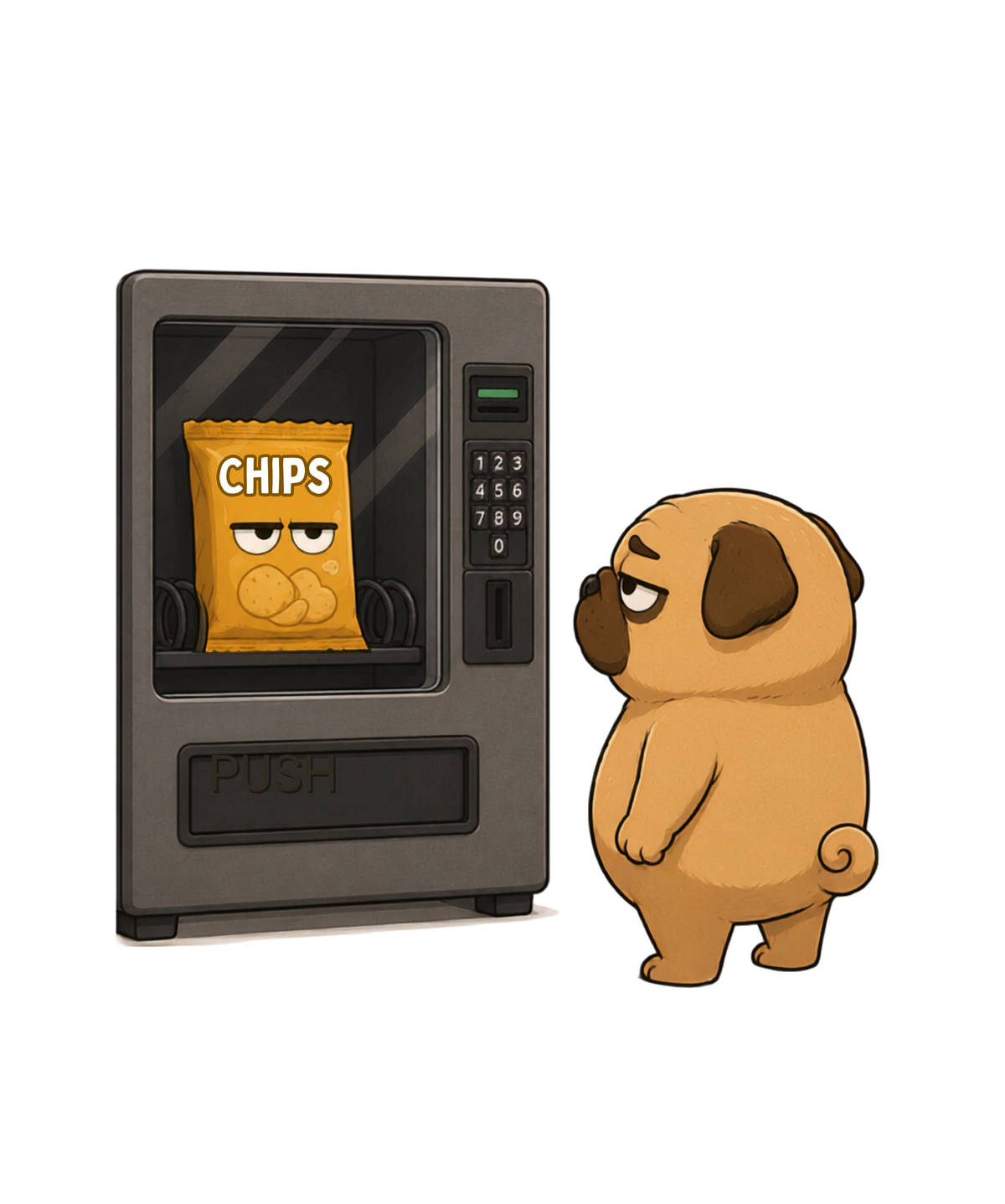 Staring Contest Vending Machine Chips Funny Hungry Pug Dog Humor