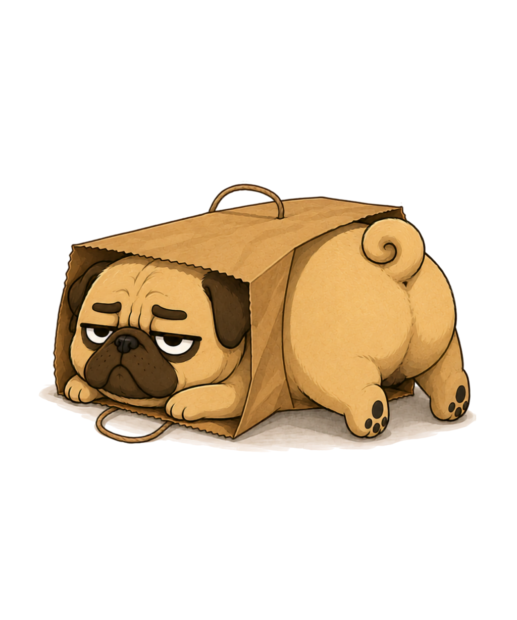 If It Fits I Sits Chubby Pug Dog In Paper Bag Funny Humor