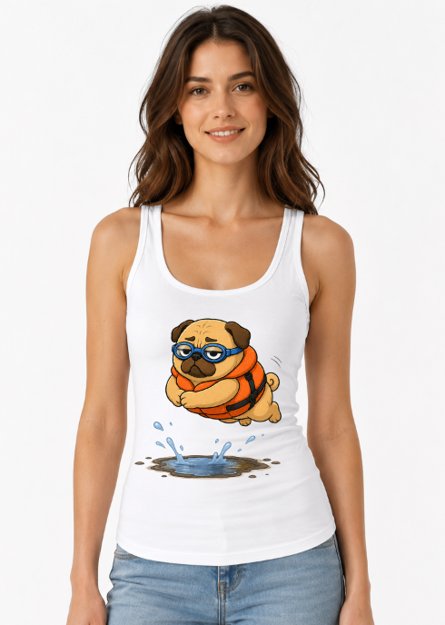 Funny Swimming Pug Dog Life Jacket Goggles Summer Water Puddle Humor