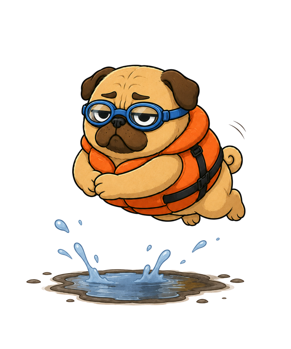 Funny Swimming Pug Dog Life Jacket Goggles Summer Water Puddle Humor