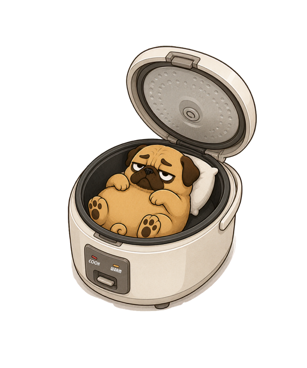 Stay Warm Rice Cooker Funny Lazy Sleeping Pug Dog Food Humor