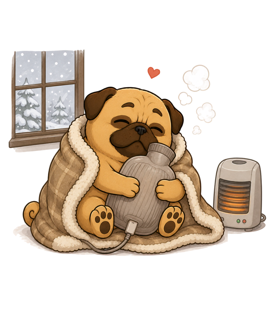 Cozy Winter Pug Dog Electric Blanket Heater Hot Water Bottle Funny Humor