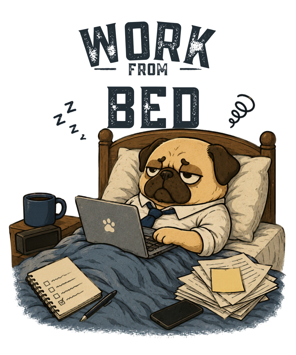Work From Bed Funny Tired Pug Dog Remote Work Office Humor