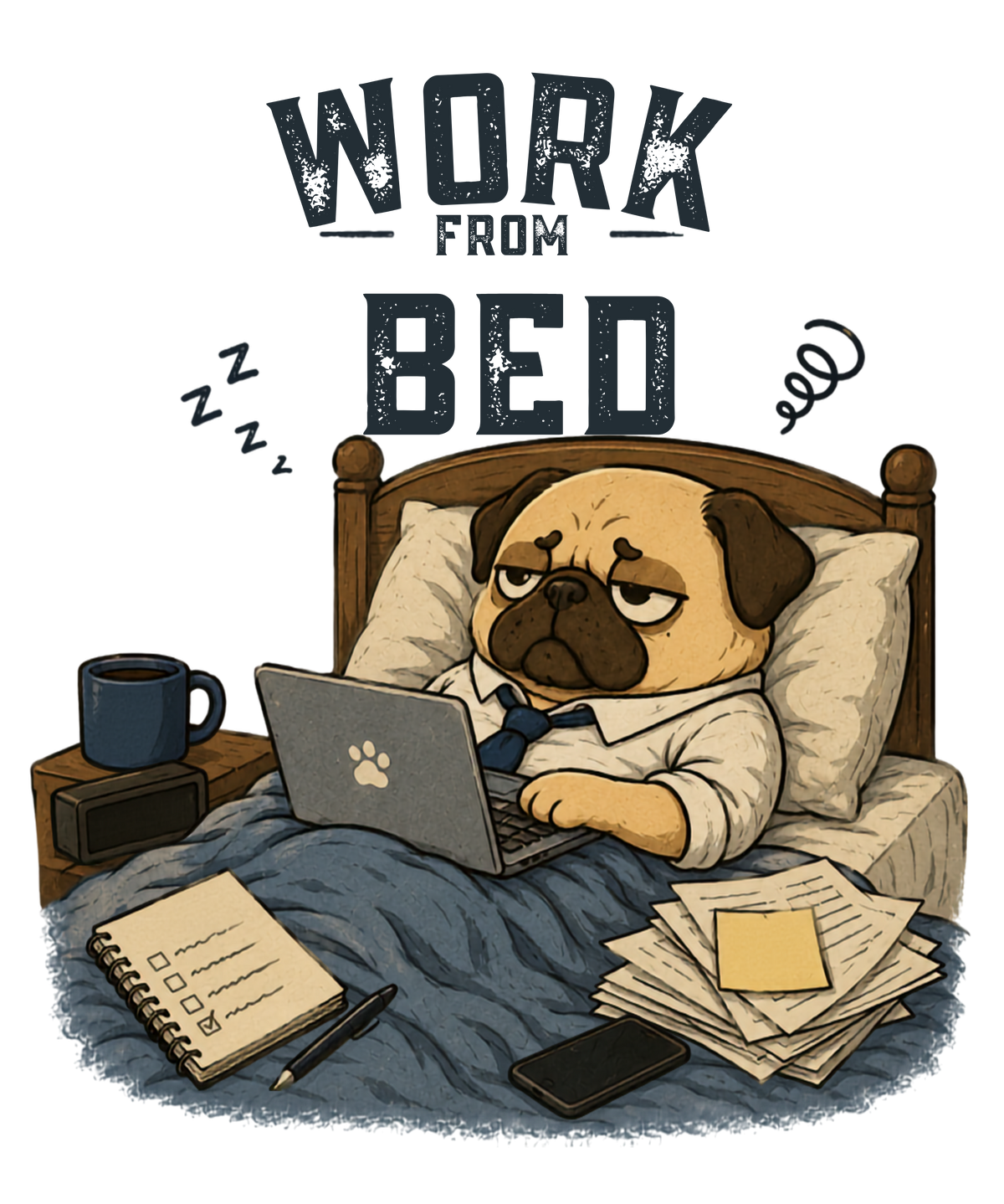Work From Bed Funny Tired Pug Dog Remote Work Office Humor