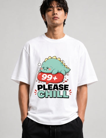 99 Plus Please Chill - Cute Dinosaur Notification Overload T-Shirt