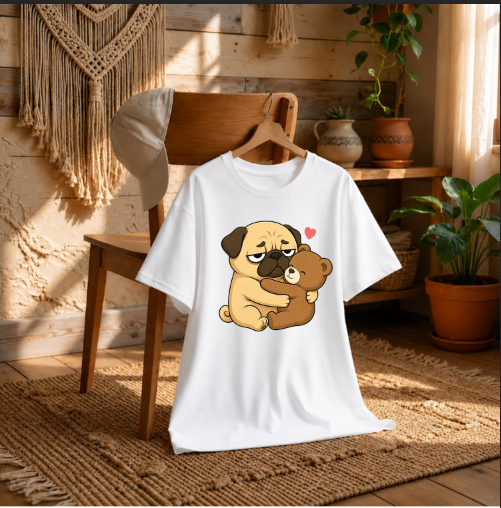 Tired Pug Hugging Teddy Bear Cute Kawaii Dog Love Humor