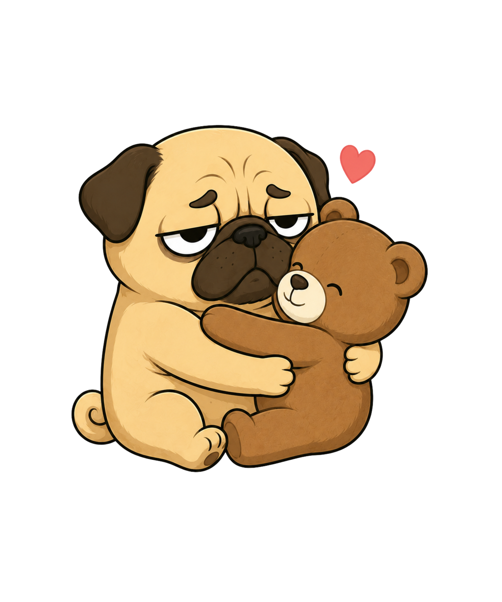 Tired Pug Hugging Teddy Bear Cute Kawaii Dog Love Humor