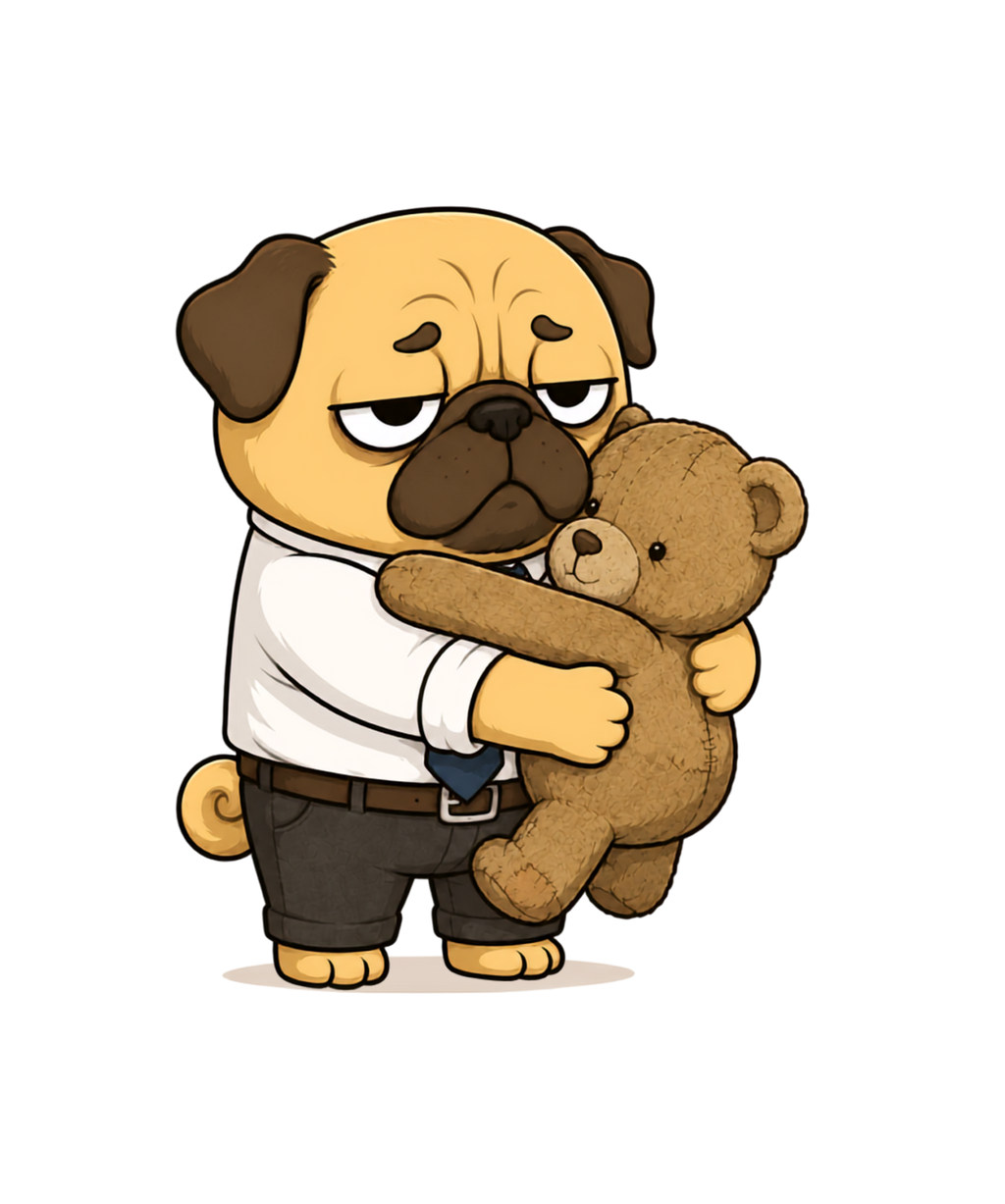 Tired Office Worker Pug Hugging Teddy Bear Funny Work Humor