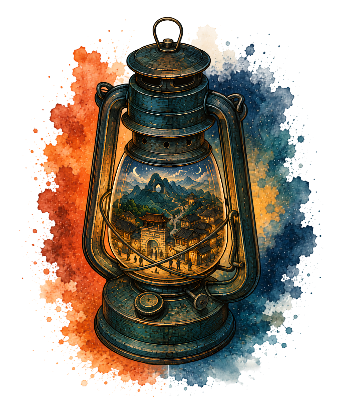 Vintage Oil Lantern Miniature Fantasy Village Watercolor