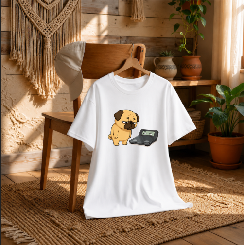 Chubby Pug Dog Weight Scale Staring Contest Funny Diet Fitness Humor
