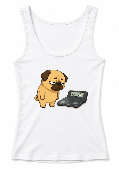 Chubby Pug Dog Weight Scale Staring Contest Funny Diet Fitness Humor