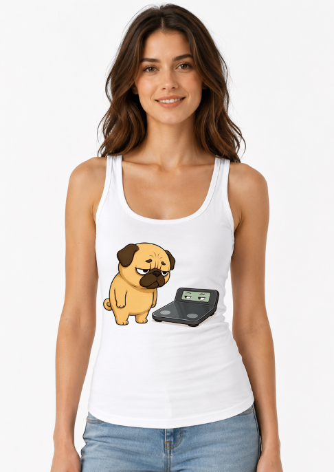 Chubby Pug Dog Weight Scale Staring Contest Funny Diet Fitness Humor