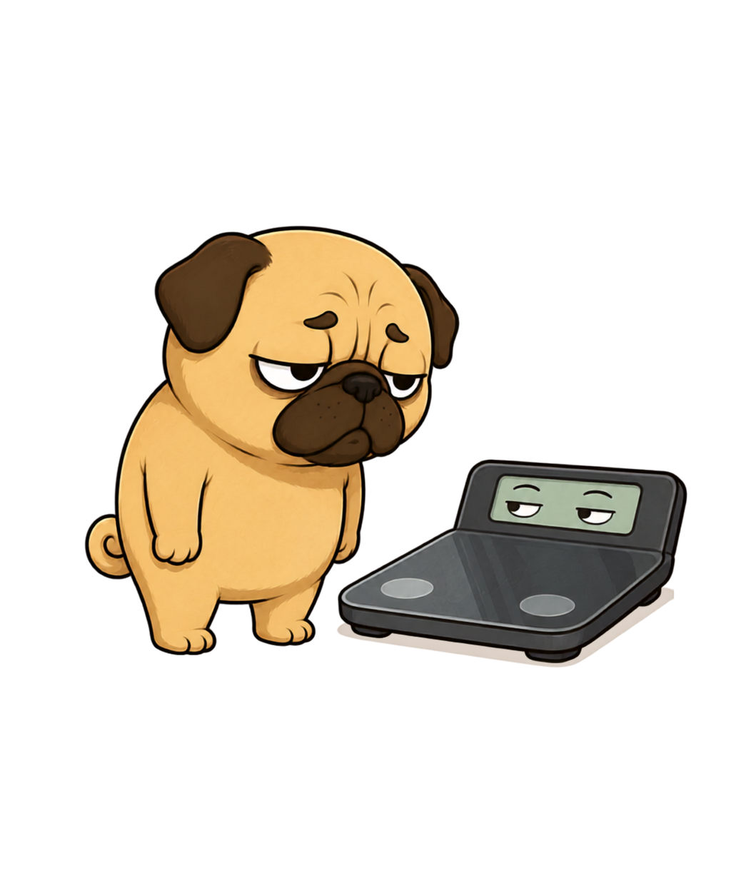 Chubby Pug Dog Weight Scale Staring Contest Funny Diet Fitness Humor
