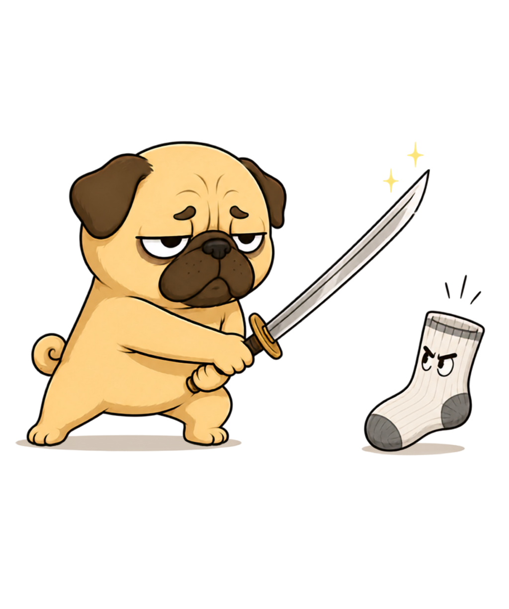 Pug Samurai vs Evil Sock Funny Dog Katana Sword