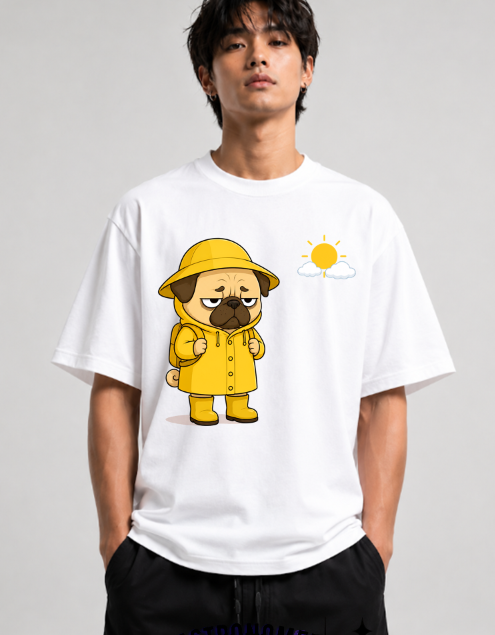 Grumpy Pug In Yellow Raincoat Sunny Day Funny Dog Meme